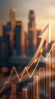 Golden upward trending arrow and financial charts overlaying blurred city skyline at sunset representing business growth, success, and economic prosperity.