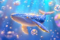 Magical blue whale floating in starlit ocean depths with glowing particles and bubbles creating ethereal underwater atmosphere. Dreamy marine fantasy artwork.