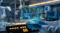 Engineer in white coat and blue gloves holding holographic digital interface with data analytics and graphs in modern laboratory or tech facility environment for innovation and technology concepts.