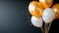 Festive gold and white balloons with glittering confetti against dark background create elegant party atmosphere for celebrations and special events.
