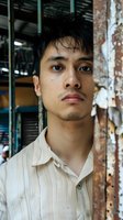 Young Southeast Asian man with dark hair and facial hair wearing cream button-up shirt, posed against weathered brick wall with peeling paint and metal gate, suitable for portrait, lifestyle, and editorial use.