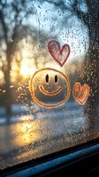 Smiley face and hearts drawn on rainy window glass with sunset bokeh background creating atmospheric mood. Water drops add natural texture to romantic scene.