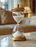 Elegant hourglass with white sand and golden wooden frame on marble surface in warm sunlight for time management and productivity concepts.