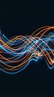 Abstract neon light waves flowing across dark background in vibrant blue, orange, and yellow colors. Modern digital art for technology, energy, and creative design projects.