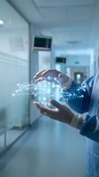 Healthcare professional holding digital network connections in modern hospital corridor representing medical technology innovation and data connectivity.