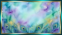 Watercolor peacock feathers border with colorful abstract background in purple, blue and green tones for decorative design projects.