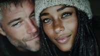 Young interracial couple with freckles sharing intimate moment outdoors in winter clothing, close-up portrait showing love and connection between diverse partners.