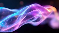 Ethereal flowing smoke waves in vibrant neon colors of blue, purple, and orange with glowing particles creating magical abstract background effect.