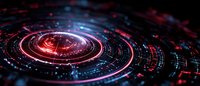 Futuristic spiral technology interface with glowing red and blue neon circles, digital data visualization background for tech and cybersecurity concepts.
