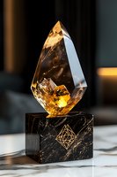 Glowing amber crystal on black marble base with geometric gold design, dramatic lighting creates mystical atmosphere for luxury decor and spiritual concepts.