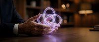 Mature male professional holding glowing purple atom symbol with light trails, representing science, innovation, and technology research in modern office setting.