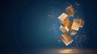 Floating golden cubes with glowing particles scatter against dark blue background, creating magical atmosphere for luxury design and advertising concepts.