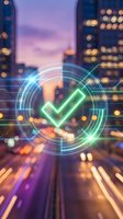 Glowing neon green checkmark with digital circuit rings over blurred city highway at dusk, symbolizing approval, success, and smart technology.