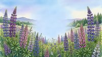 Watercolor lupine flowers blooming in mountain meadow with misty hills and forest background for spring nature designs.