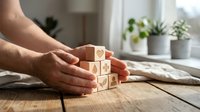 Male hands protecting wooden blocks with heart symbols on natural wood table in bright home interior with plants.