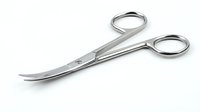 Curved stainless steel surgical scissors with dual rings isolated on white background, ready for medical, healthcare, and design applications.