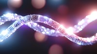 Digital DNA double helix structure with glowing particles and bokeh lights representing genetic research, biotechnology and molecular science concepts.