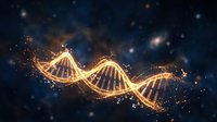 Glowing golden DNA double helix strand floating in dark cosmic space with sparkling particles, symbolizing genetics, biotechnology, and scientific research.