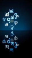 Business innovation concept with glowing icons showing growth charts, lightbulbs, gears and flags on dark blue gradient background for corporate presentations.