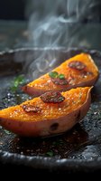 Steaming hot baked sweet potato halves garnished with chorizo slices, fresh herbs and sea salt on dark rustic surface. Perfect for food magazine, restaurant menu or cooking blog.