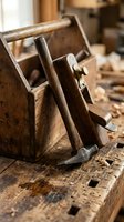 Vintage wooden toolbox with traditional hand tools on rustic workbench in carpenter workshop. Classic woodworking craftsmanship and artisan skills concept.