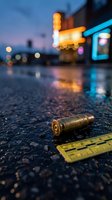 Spent bullet casing with evidence ruler on wet asphalt at crime scene during blue hour with blurred city lights and police car in background.