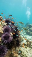 Underwater coral reef scene with purple sea urchins and colorful tropical fish swimming in crystal clear blue ocean water with air bubbles rising to surface.