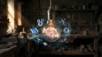 Glowing light bulb with floating digital icons representing innovation, technology, and creative ideas in modern workspace environment.