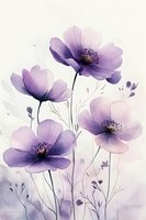Delicate purple watercolor poppies with soft petals and dark centers on light background for feminine botanical wall art and home decor projects.