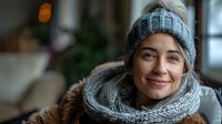 Young Hispanic woman wearing gray knitted winter hat and scarf smiling warmly at camera, natural indoor lighting creates cozy atmosphere for lifestyle and fashion content.