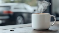 Steaming white coffee cup on wooden table with blurred car background, morning beverage with rising steam in natural light setting.