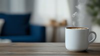 Steaming hot coffee in white ceramic mug on wooden table against blurred modern living room interior with blue sofa, morning lifestyle concept.