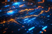 Digital circuit board with glowing orange and blue light trails creating futuristic technology landscape, macro view with selective focus for tech backgrounds.