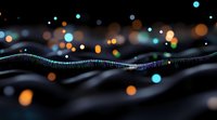 Abstract digital wave visualization with colorful bokeh lights on dark background, featuring flowing lines and glowing particles for technology concepts.