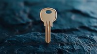 Golden key on dark textured stone surface with dramatic lighting and shallow depth of field, symbolizing success, security and access solutions.