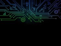 Futuristic circuit board pattern with glowing blue and green lines on black background for technology and electronics design projects.