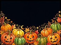 Autumn harvest border with carved jack-o-lantern pumpkins, decorative gourds, fall leaves, and ornamental swirls on dark background. Perfect for Halloween and seasonal designs.