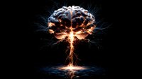 Glowing brain-shaped nuclear explosion rising over water surface with lightning effects and reflections on dark background. Concept of mind power and intelligence.