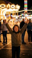 Happy young boy with arms raised celebrating at night carnival with colorful lights and blurred crowd in background creating joyful childhood memories.