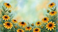 Watercolor yellow daisy flowers frame border with green leaves on soft pastel background for spring summer greeting cards and botanical design projects.