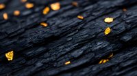 Raw black coal texture with scattered golden nuggets creating dramatic contrast against dark mineral surface, natural resource concept for mining industry.