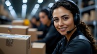 Young Hispanic female warehouse worker wearing headset smiling at camera in modern logistics facility with packages and coworkers in background.