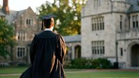 Graduate in cap and gown walking toward university building during golden hour sunset, celebrating academic achievement and educational milestone.