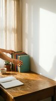 Woman reaching for colorful books on wooden desk by sunny window with natural light streaming through linen curtains creating peaceful reading atmosphere.