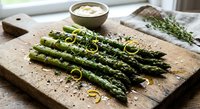 Grilled asparagus spears with lemon zest and fresh thyme on wooden cutting board, healthy vegetable side dish for spring cooking and Mediterranean cuisine.