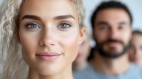 Young Caucasian woman with curly blonde hair and natural makeup smiling confidently in office setting, with diverse business team members blurred in background.