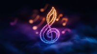 Glowing musical treble clef shaped as burning candle with gradient neon colors from orange to purple and blue on dark background with floating musical notes.