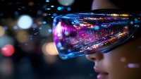 Futuristic augmented reality concept showing virtual city lights reflected in high-tech glasses with neon colors and bokeh effects, modern technology visualization.