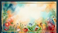 Gardening tools and fresh vegetables arranged in watercolor style with vibrant florals and botanical elements, suitable for garden, cooking, and organic lifestyle designs.