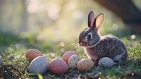 Gray bunny rabbit sitting in grass next to colorful Easter eggs with soft bokeh background, perfect for spring holiday designs.
